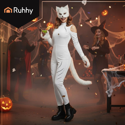 Ruhhy Kat/Vos Kostuumset - 4-Delig - Masker, Staart & Pootjes - Wit