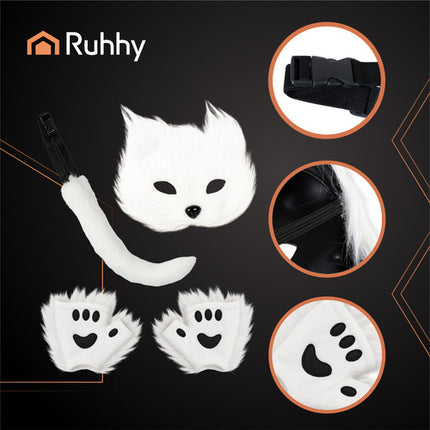 Ruhhy Kat/Vos Kostuumset - 4-Delig - Masker, Staart & Pootjes - Wit