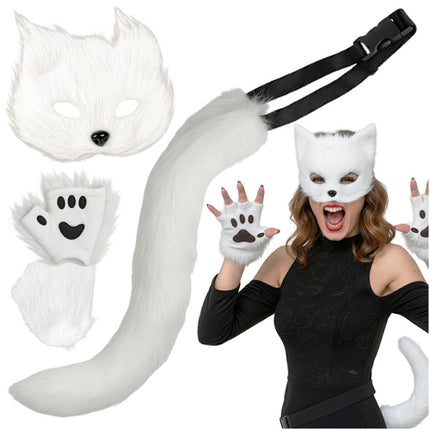 Ruhhy Kat/Vos Kostuumset - 4-Delig - Masker, Staart & Pootjes - Wit
