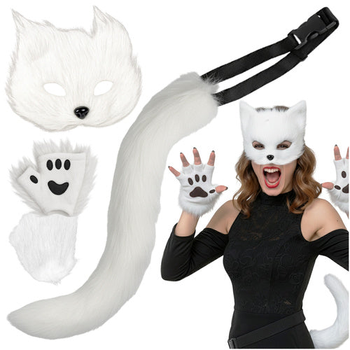 Ruhhy Kat/Vos Kostuumset - 4-Delig - Masker, Staart & Pootjes - Wit