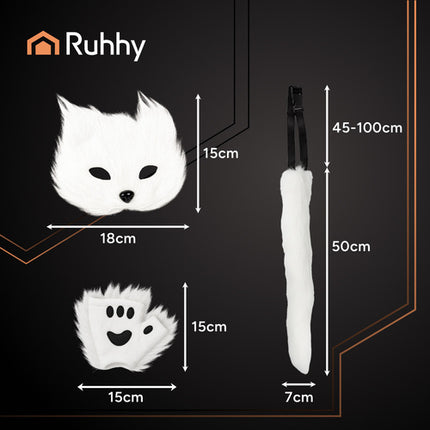 Ruhhy Kat/Vos Kostuumset - 4-Delig - Masker, Staart & Pootjes - Wit
