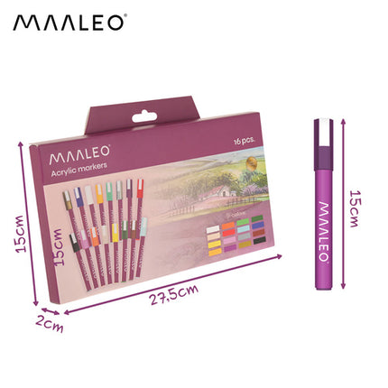 Maaleo Acrylmarkers Set - 16 Kleuren - Watervaste Decoratiestiften