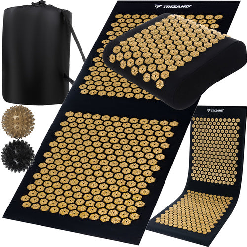Trizand Acupressuurset - Mat + Kussen + 2 Massageballen - Zwart/Goud