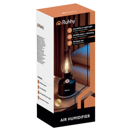 Ruhhy Aive Luchtbevochtiger & Nachtlamp - 280ml - Retro Design - Zwart