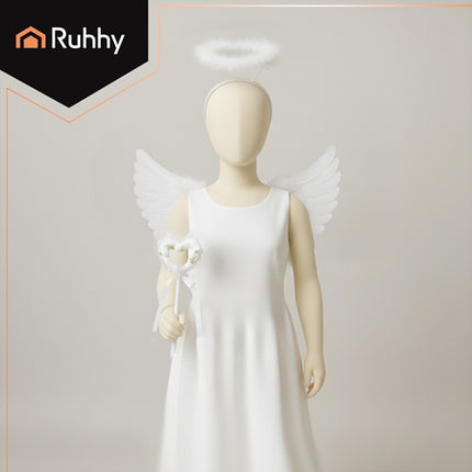 Ruhhy Engelenkostuum Set - 60 x 34 cm - Met Vleugels, Halo & Toverstaf - Wit