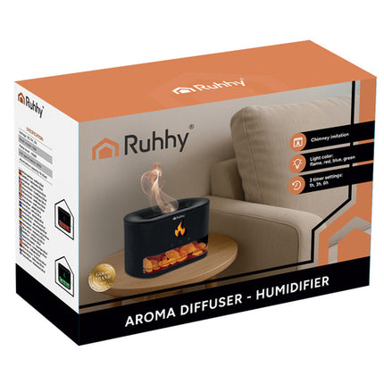 Ruhhy Aroma Diffuser - 250ml - Met Openhaard Effect - Zwart