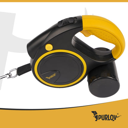 Purlov Automatische Hondenriem - 5 Meter - Met LED Zaklamp & Poepzakhouder - Zwart/Geel