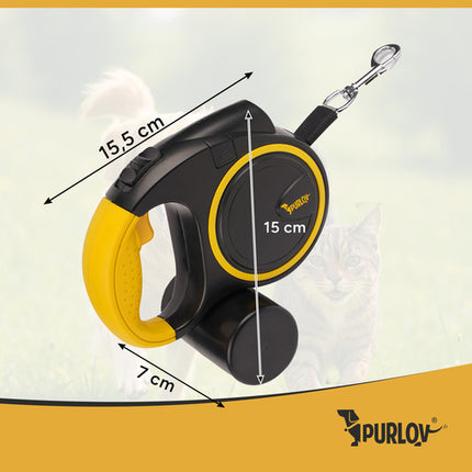 Purlov Automatische Hondenriem - 5 Meter - Met LED Zaklamp & Poepzakhouder - Zwart/Geel