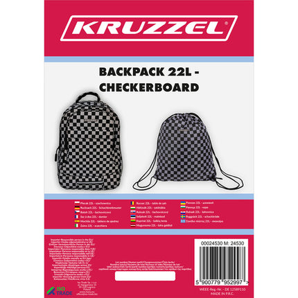 Kruzzel Rugzak - 22L - Checkerboard - Inclusief Schoenentas - Zwart