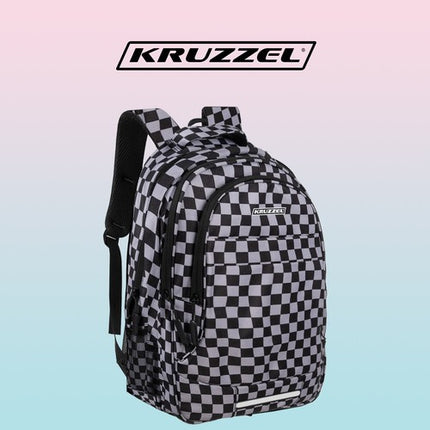 Kruzzel Rugzak - 22L - Checkerboard - Inclusief Schoenentas - Zwart