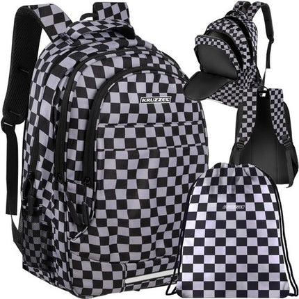 Kruzzel Rugzak - 22L - Checkerboard - Inclusief Schoenentas - Zwart