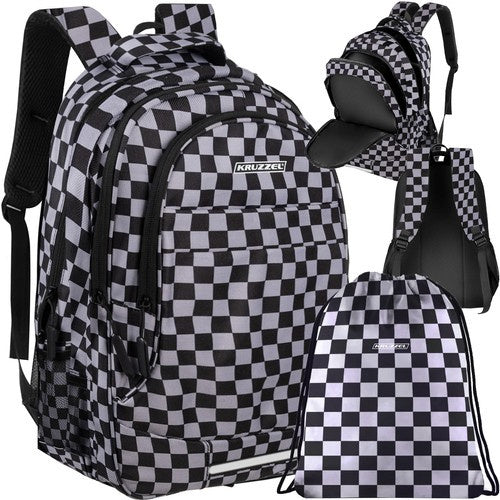 Kruzzel Rugzak - 22L - Checkerboard - Inclusief Schoenentas - Zwart