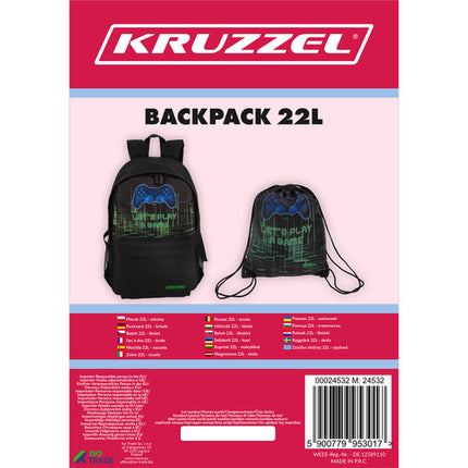 Kruzzel Gamer Rugzak - 22L - Inclusief Gymtas - Zwart