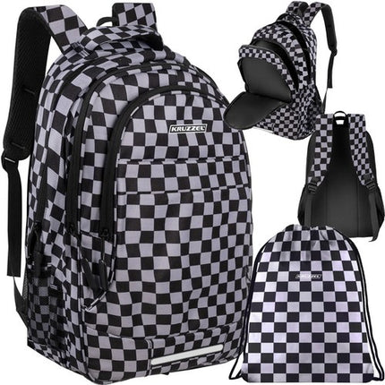 Kruzzel Rugzak - 30L - Checkerboard - Inclusief Schoenentas - Zwart