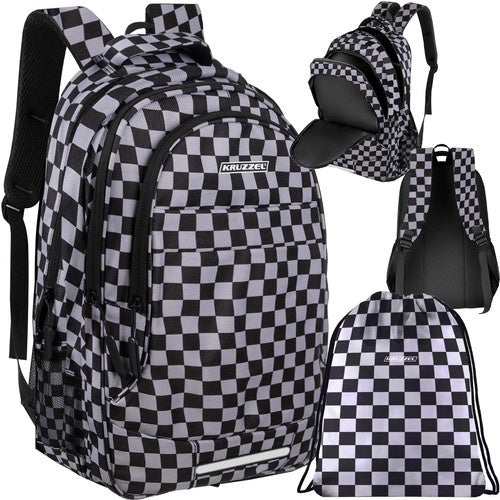 Kruzzel Rugzak - 30L - Checkerboard - Inclusief Schoenentas - Zwart