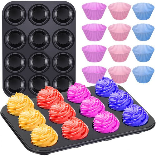 Ruhhy Muffin Bakblik met 12 Siliconen Vormpjes - Koolstofstaal/Teflon - Grafiet