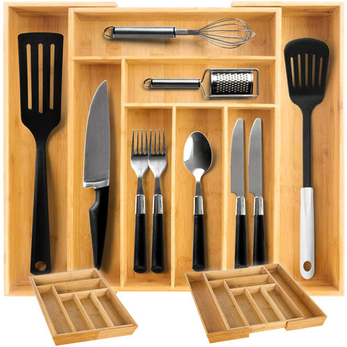 Ruhhy Uitschuifbare Bamboe Bestekbak – 6 tot 8 Vakken – 50 x 45,5 cm
