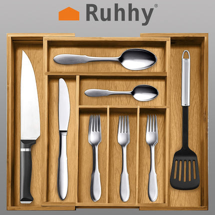 Ruhhy Uitschuifbare Bamboe Bestekbak – 6 tot 8 Vakken – 50 x 45,5 cm
