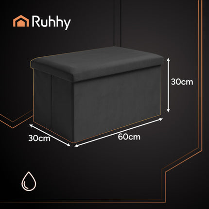 Ruhhy Velours Poef - 60 x 30 x 30 cm - 54 Liter - Zwart - Met Opbergruimte