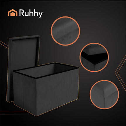 Ruhhy Velours Poef - 60 x 30 x 30 cm - 54 Liter - Zwart - Met Opbergruimte