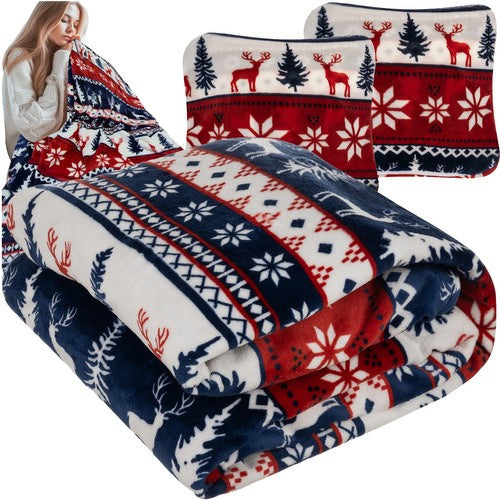 Ruhhy Kerst Plaid - 160 x 200 cm - Inclusief 2 Kussenslopen - Rood/Wit