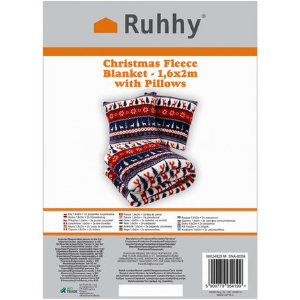 Ruhhy Kerst Plaid - 160 x 200 cm - Inclusief 2 Kussenslopen - Rood/Wit