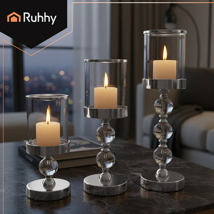 Ruhhy Kandelaar Set - 3 Stuks - Glamour Stijl - Zilver