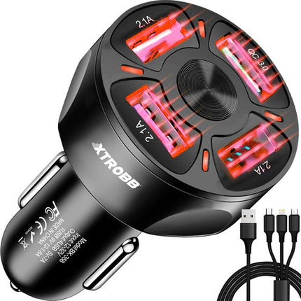 Xtrobb Autolader - 4x USB - Quick Charge 3.0 - Inclusief 3-in-1 Kabel - Zwart