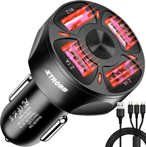 Xtrobb Autolader - 4x USB - Quick Charge 3.0 - Inclusief 3-in-1 Kabel - Zwart