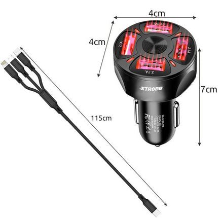 Xtrobb Autolader - 4x USB - Quick Charge 3.0 - Inclusief 3-in-1 Kabel - Zwart