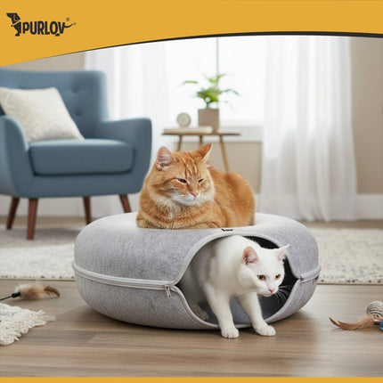Purlov Donut Kattenmand - Vilt Tunnelbed - 51 x 20 cm - Grijs