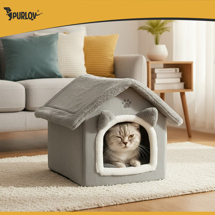 Purlov Kattenmand Huisje - 39 x 38 x 35 cm - Grijs - 2-in-1 Pluche Bed