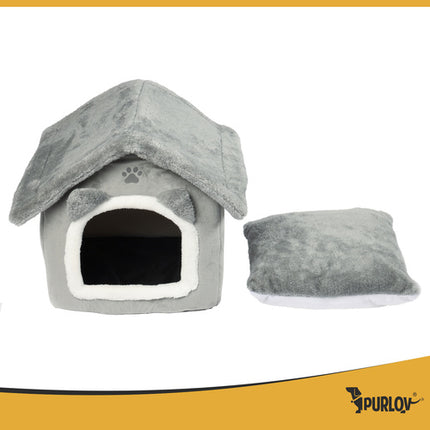 Purlov Kattenmand Huisje - 39 x 38 x 35 cm - Grijs - 2-in-1 Pluche Bed