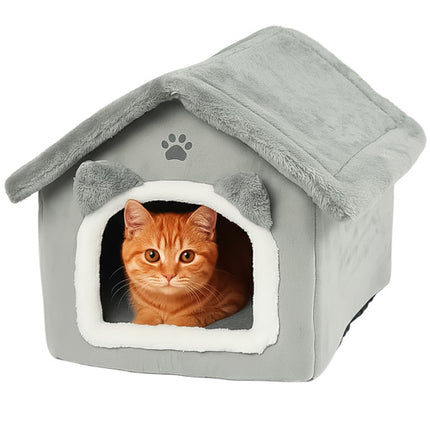 Purlov Kattenmand Huisje - 39 x 38 x 35 cm - Grijs - 2-in-1 Pluche Bed