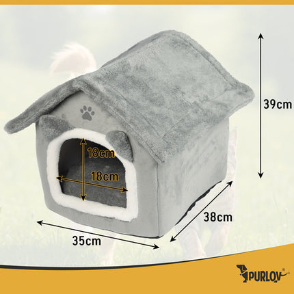 Purlov Kattenmand Huisje - 39 x 38 x 35 cm - Grijs - 2-in-1 Pluche Bed