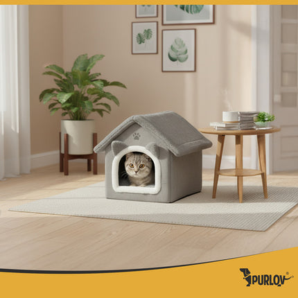 Purlov Kattenmand Huisje - 39 x 38 x 35 cm - Grijs - 2-in-1 Pluche Bed