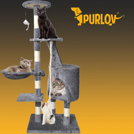 Purlov Kattenkrabpaal - 118 cm - Grijs - Met Huisje en Ladder