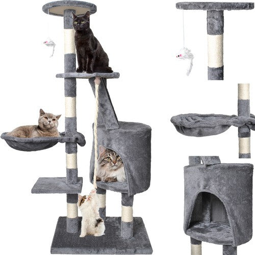 Purlov Kattenkrabpaal - 118 cm - Grijs - Met Huisje en Ladder