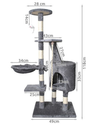 Purlov Kattenkrabpaal - 118 cm - Grijs - Met Huisje en Ladder