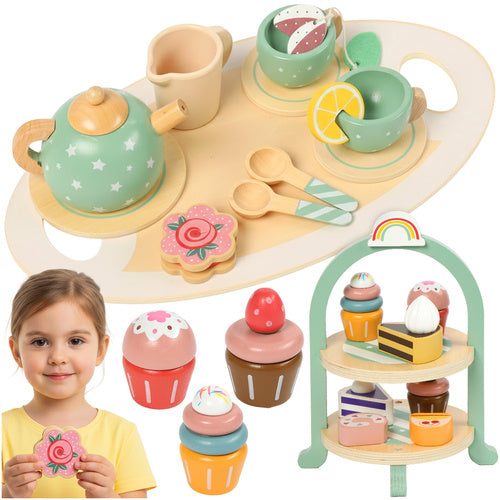 Kruzzel Houten Theeservies & Etagereset - 15 Delig