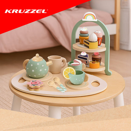 Kruzzel Houten Theeservies & Etagereset - 15 Delig