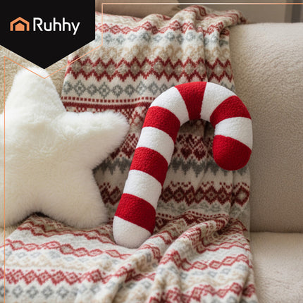 Ruhhy Kerstdecoratie - Candy Cane Kussen - 42 x 25 cm - Zacht - Rood/Wit