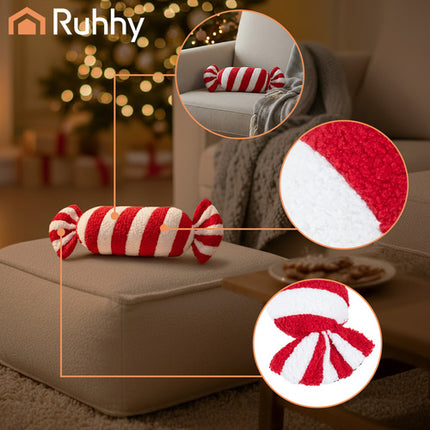 Ruhhy Kerstdecoratie - Candy Kussen - 30 x 15 cm - Zacht - Rood/Wit