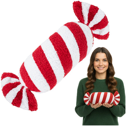 Ruhhy Kerstdecoratie - Candy Kussen - 30 x 15 cm - Zacht - Rood/Wit
