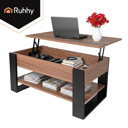 Ruhhy Salontafel - 92 x 51 cm - Met Hefbaar Blad & Opbergruimte - Eiken/Zwart