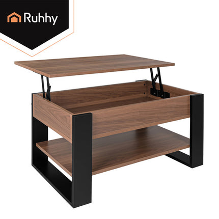 Ruhhy Salontafel - 92 x 51 cm - Met Hefbaar Blad & Opbergruimte - Eiken/Zwart