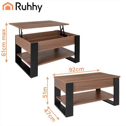 Ruhhy Salontafel - 92 x 51 cm - Met Hefbaar Blad & Opbergruimte - Eiken/Zwart