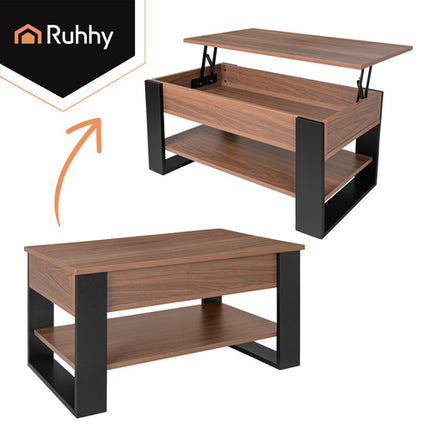 Ruhhy Salontafel - 92 x 51 cm - Met Hefbaar Blad & Opbergruimte - Eiken/Zwart