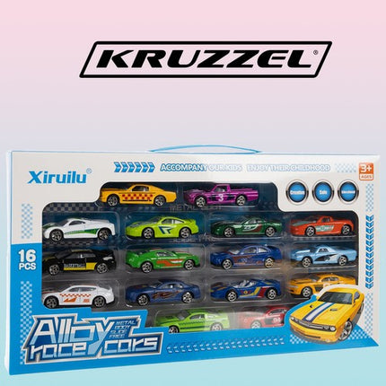 Kruzzel Metalen Speelgoedauto's - 16-delige Set - Schaal 1:64