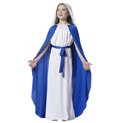 Kruzzel Maria Kostuum - 3-Delig - Jurk met Blauwe Mantel & Sluier - Wit/Blauw